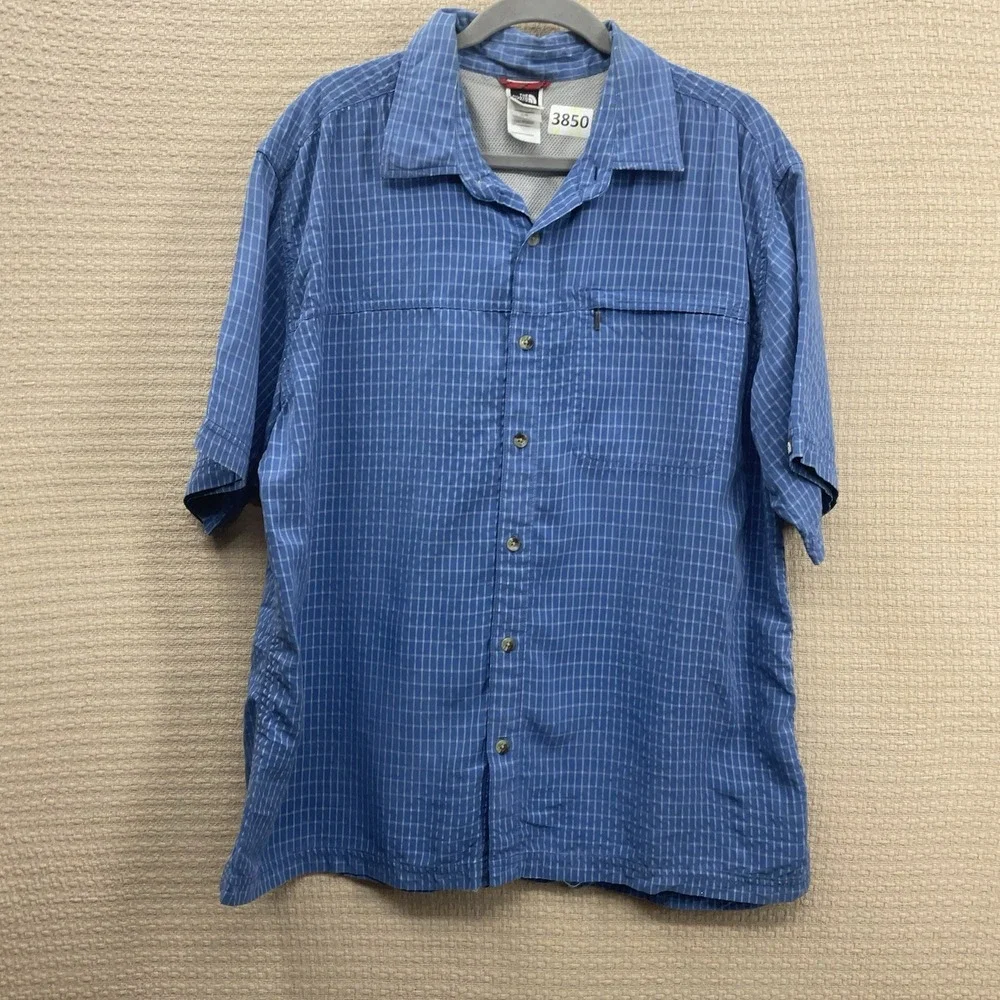 Vintage The North Face Mens Button Shirt Large Blue‎ Plaid Short Sleeve Outdoor